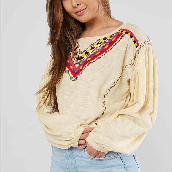 Free People Boho Embroidered Long Sleeve Hand Me Down Top - Picture 3 of 13